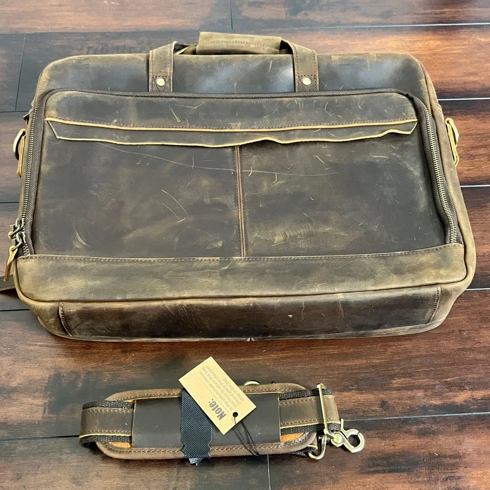 Masa Kawa Leather Briefcase Mens Large Brown New Distressed Messenger Bag